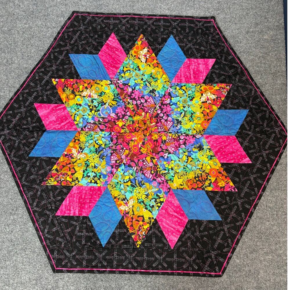 Handmade Quilted Hexagon Table Topper Floral Lone Star Pattern 42" Pink Blue